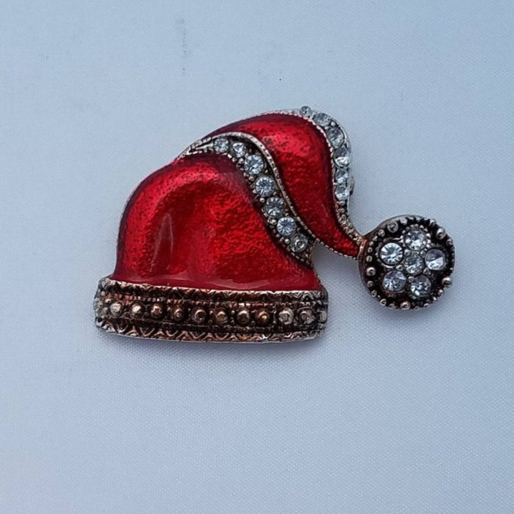 Silver Tone red Enamel Christmas Hat Brooch
